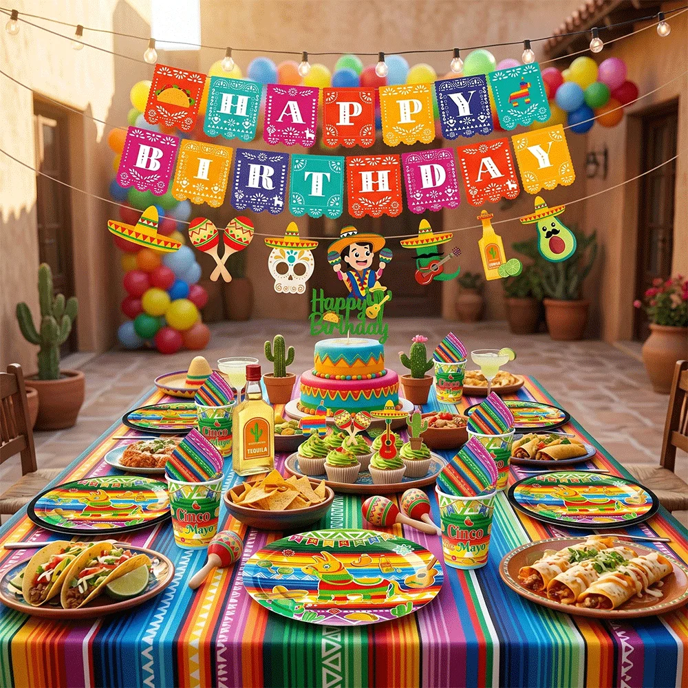 Mexican Fiesta Party  Supplies Plates Cups Tablecloth Banner Cactus Carnival Event Summer Fiesta Taco Bout A Party Decorations view 6
