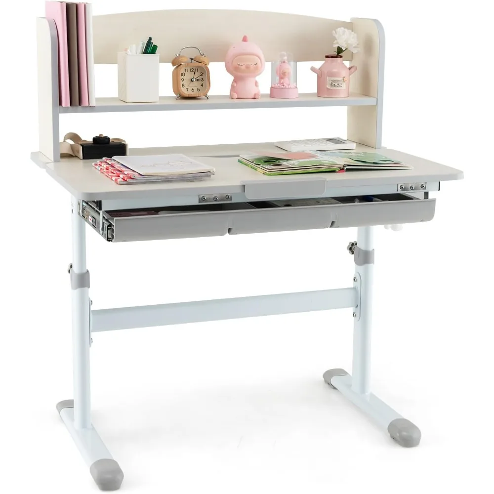 

Kids Desk, Height Adjustable Children Study Desk with Tilt Desktop, Storage Drawer, Hutch, Scale Ruler, Student Writing Table,