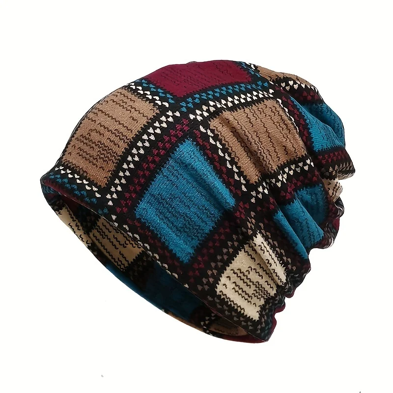 

Autumn & Winter Vintage Printed Beanie - Classic Color Block Elastic Slouchy Skull Cap Boho Neck Gaiter Windproof for Women Men