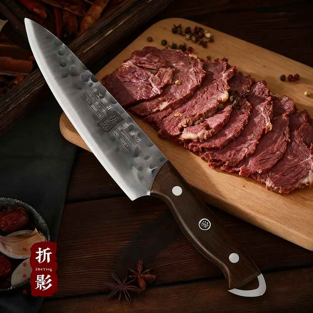 

8-дюймовый нож шеф-повара ручной работы, кованое лезвие из пружинной стали, деревянная ручка, тесак, сашими, нарезка мяса, суши, овощи, кухонные ножи