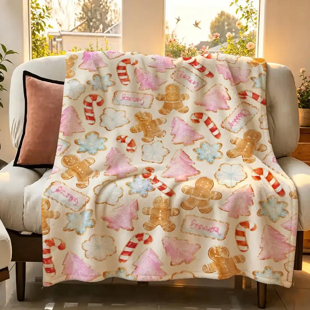 Sweet Pink Christmas Pattern Throw Flannel Throw Blanket Suitable warm for Sofa、Living Room、Bedroom soft