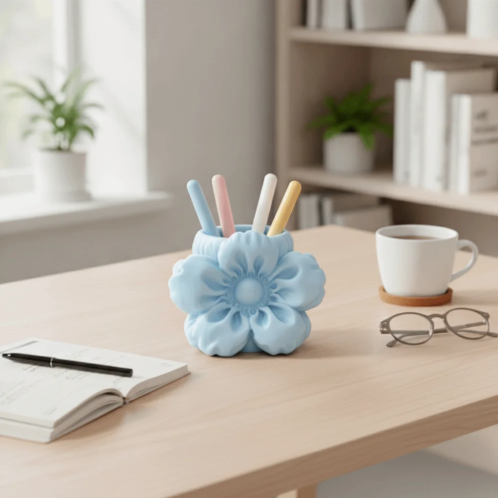 Desktop Organizer Puff Flower Pen Holder Makeup Brush Bin Stationery Storage Cherry Blossom Ornament Pencil Rack Pen Container
