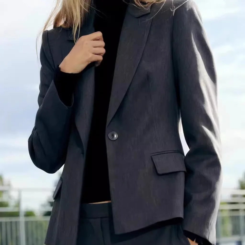 

Simple Sle Long Sve Lapel Slim Fit oulder Pad Women's Suit Jaet Autumn Winter New Arrival Faion Ele Outerwear