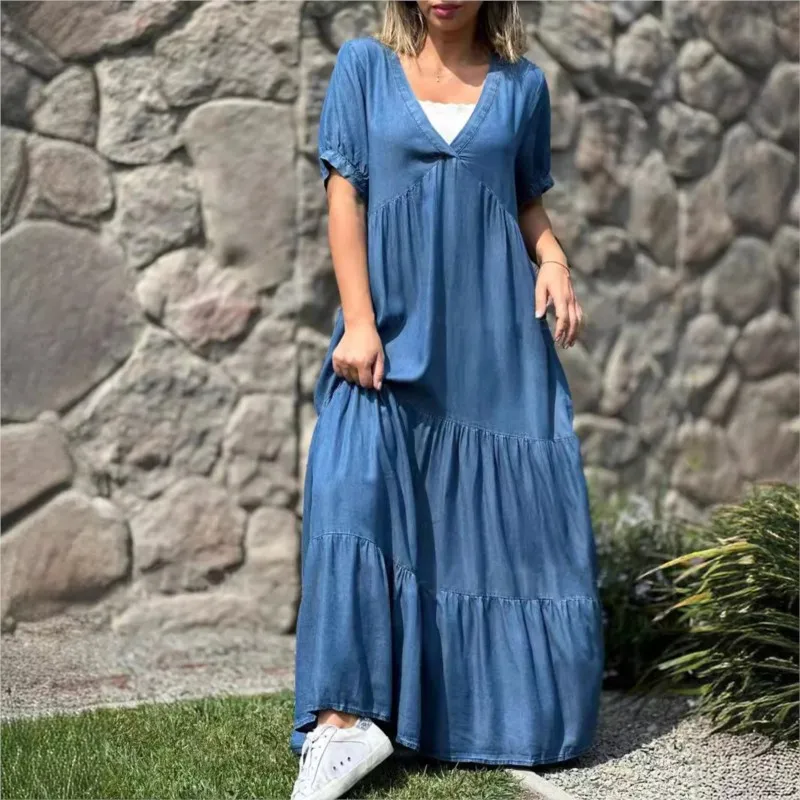 2024 plus size women imitation denim dress summer women's casual loose high waisted solid color V-neck pleated patch long skirt