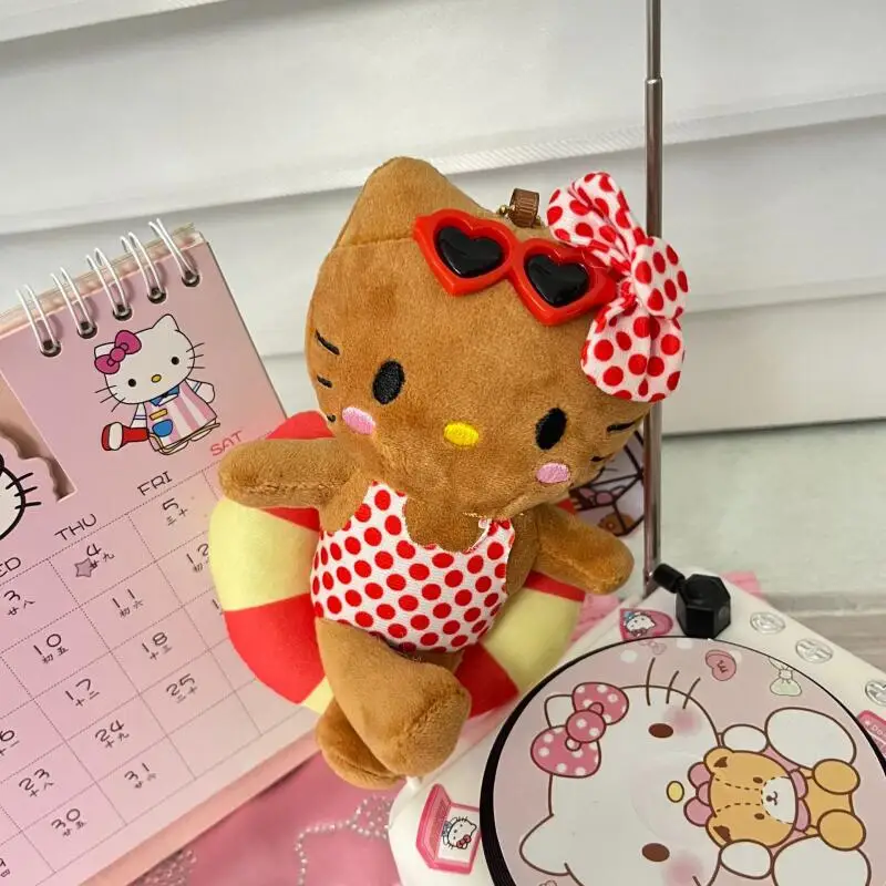 12 cm simpatico cartone animato Kawaii pelle nera cerchio di nuoto con pois Hello Kitty peluche bambola portachiavi borsa ciondolo giocattolo regalo