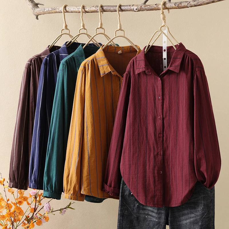 

Cotton Yarn Casual Women's Striped Shirt 2024 Autumn New Vintage Loose Long Sleeve Shirts & Tops Ladies Red Green Fine Clothes