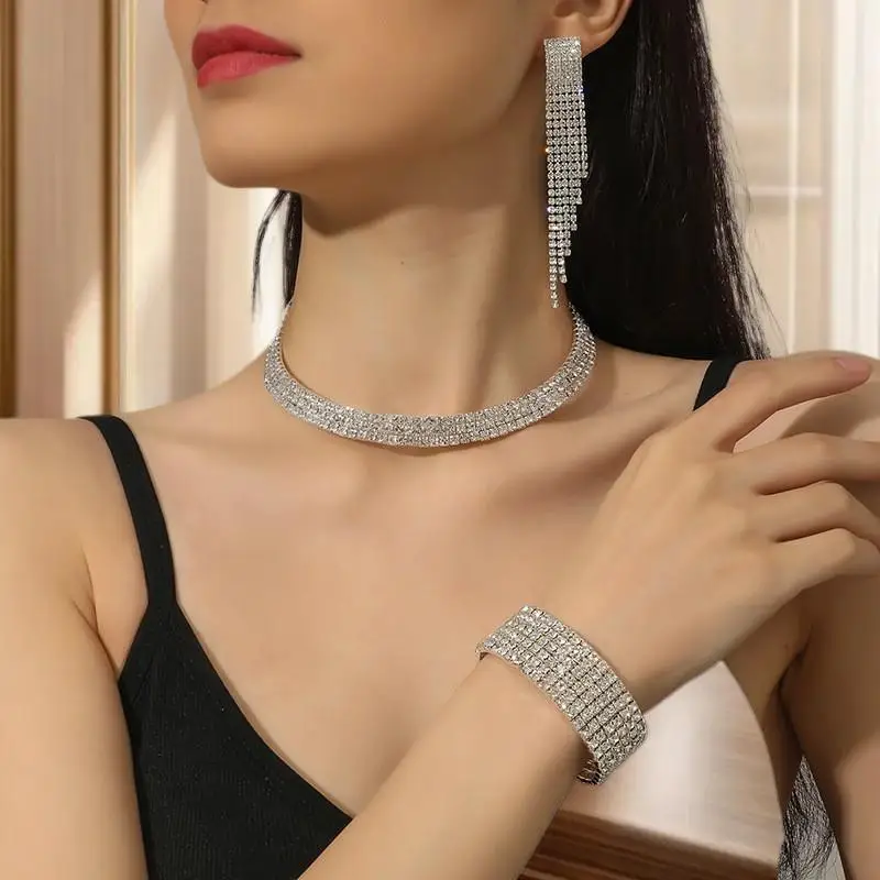 3/4Pcs Necklace Earrings Ring Bracelet Rhinestone Hollow Necklace Bridal Set