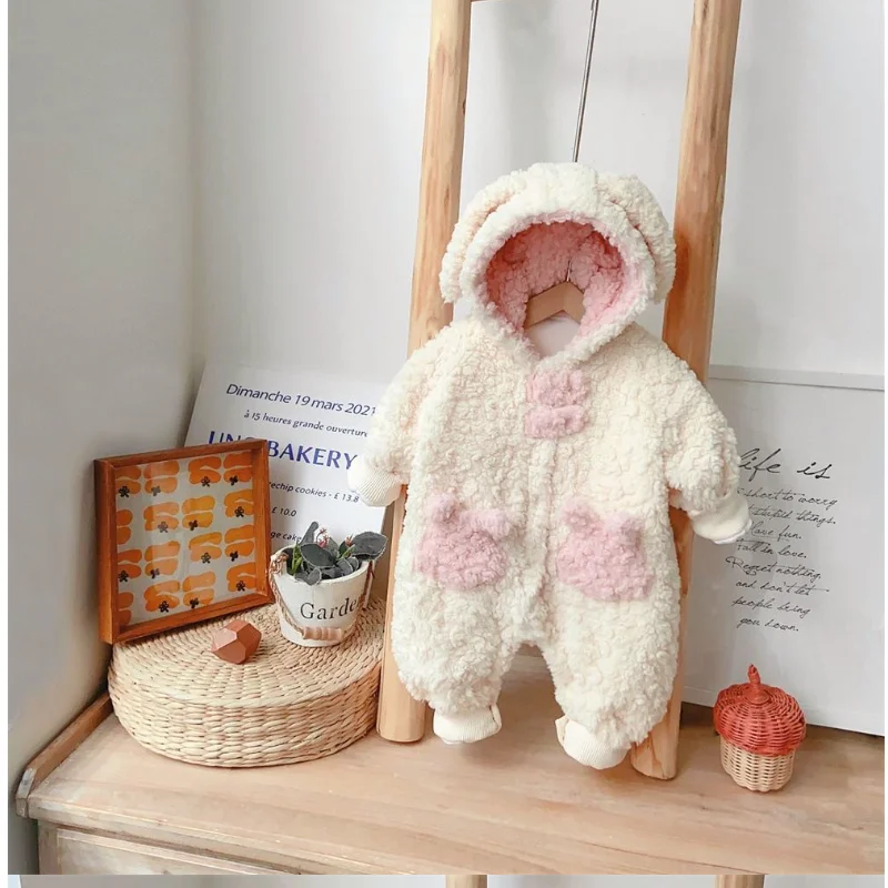 

2025 Winter New in Newborn Infant Cartoon Modeling Outfits,toddler Kids Hooded Embroidery Letter Jumpsuits Baby Romper 0-24M