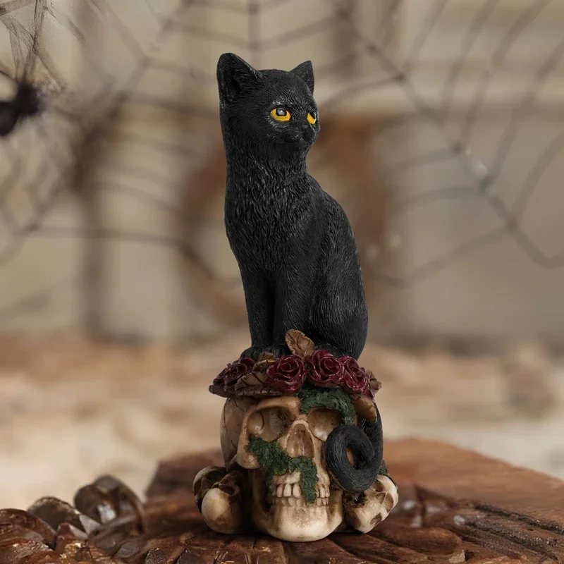 ERMAKOVA escultura de cabeza de calavera de resina, estatua de gato negro, estatuilla creativa de calavera de escritorio, regalo