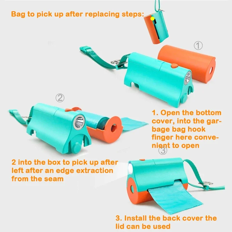 Portable Dog Poop Bag Dispenser with LED Flashlight Leash Clip Hands-Free Pet Waste Bags Holder with Strap Walking Dog Accessory