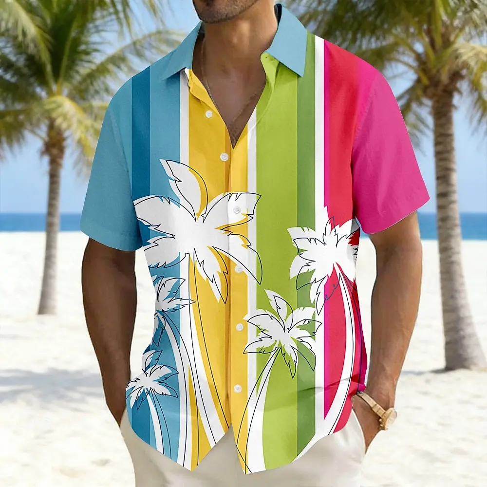 Vitality Contrasting Red Vertical Grain Coconut Forest Print Men's Short Sleeved Shirt, Versatile Daily Trend Loose Shirt