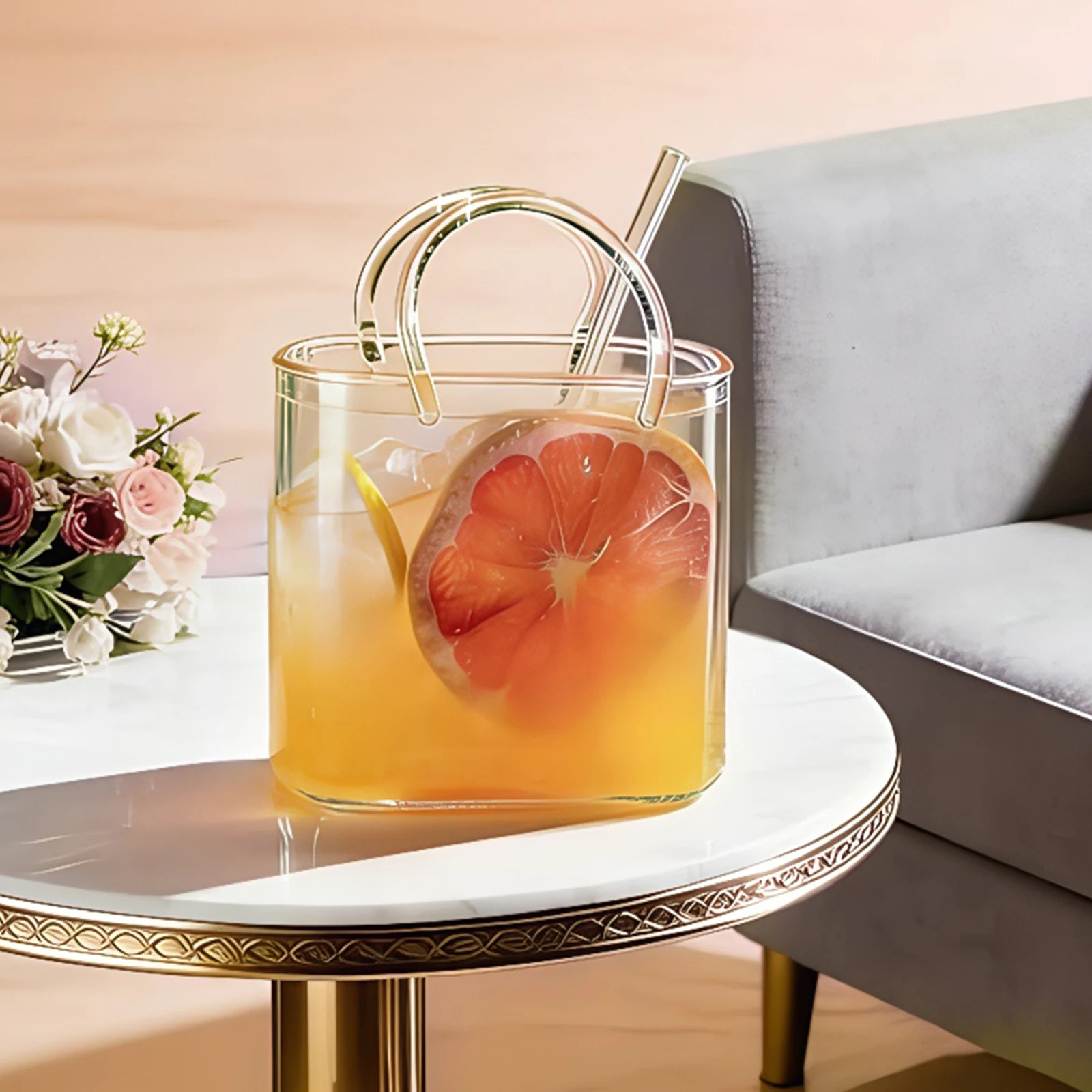 Glass Purse with Glass Straw Creative Drinking Mug Handbag Shape Decorative Flower Vases for Women Party Drinks Set
