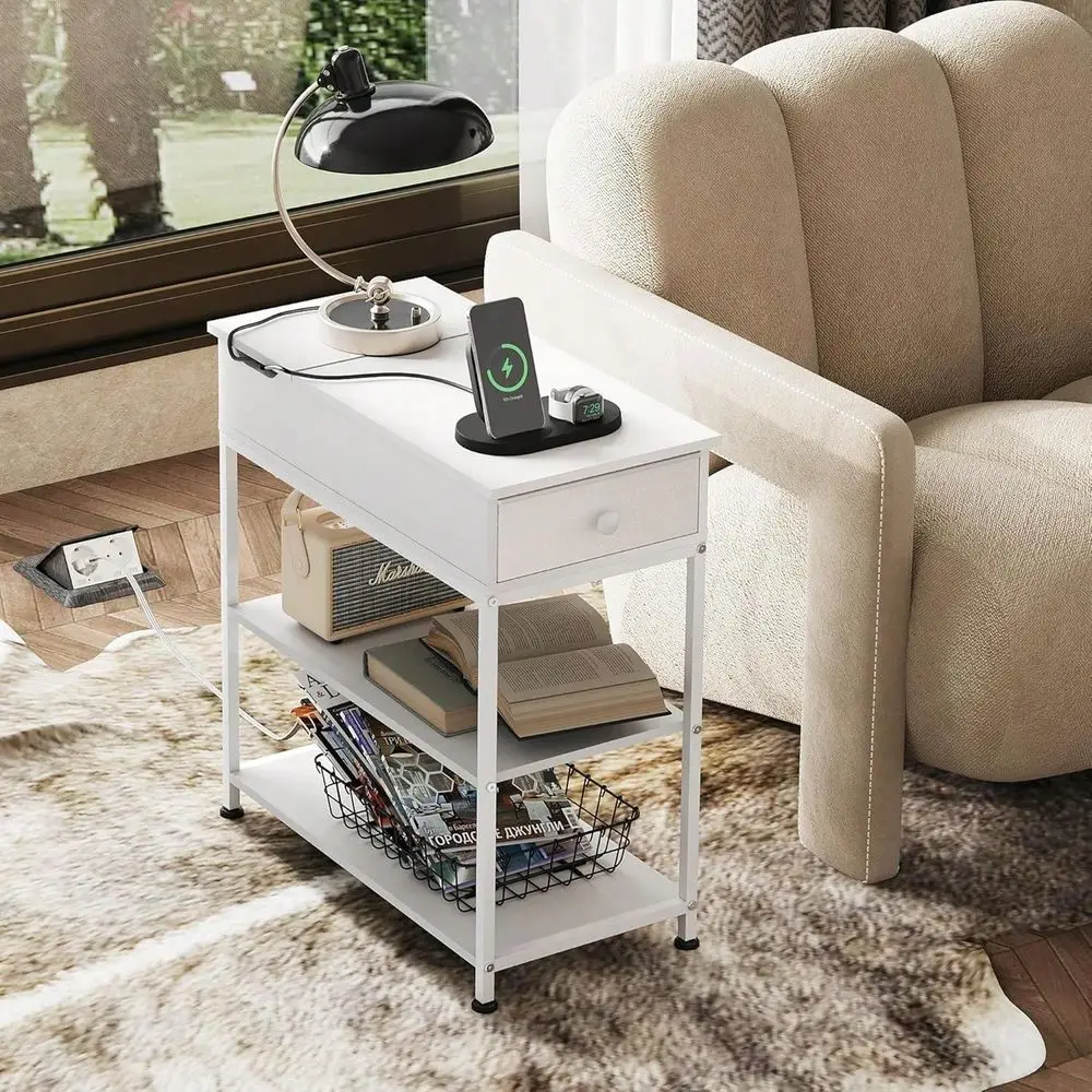 

Side Table With Charging Station, Couch Side Table For Living Room, Narrow End Table For Bedroom With Fabric Drawer, USB Ports