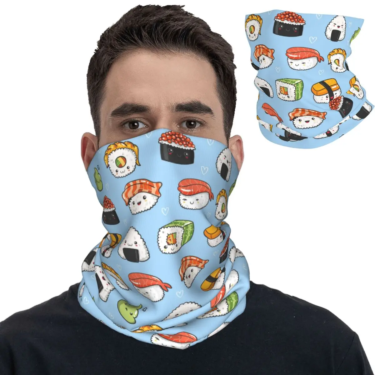 Cartoon Sushi Pattern Bandana Neck Gaiter Printed Balaclavas Face Mask Scarf Multi-use Headband for Men Women Adult Windproof