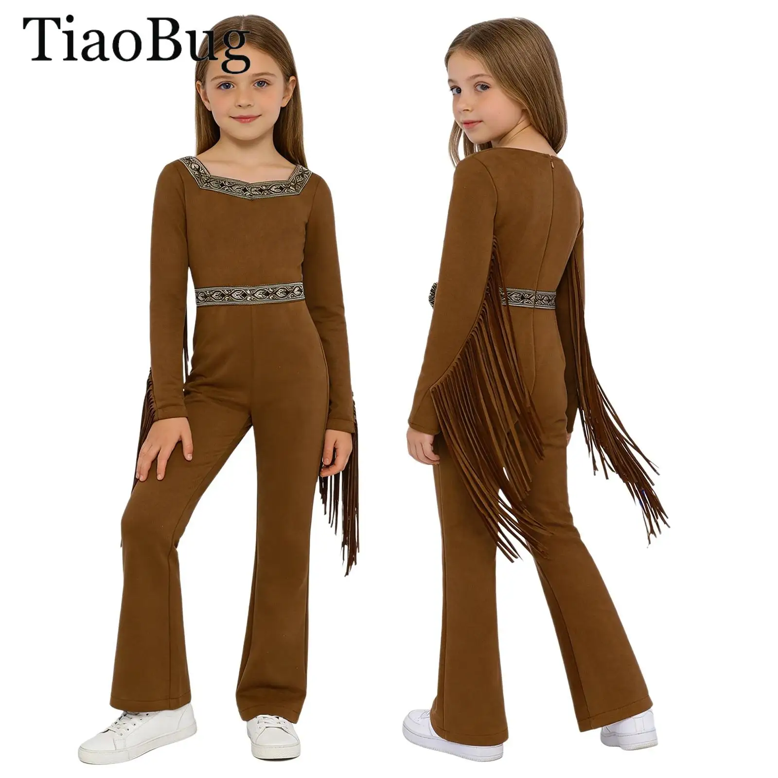 

Girls Native Caveman Savage Outfit Indian Indigenous Costume Cowgirl Jumpsuit Unique Pattern Fringed Long Sleeve Zipper Clothing