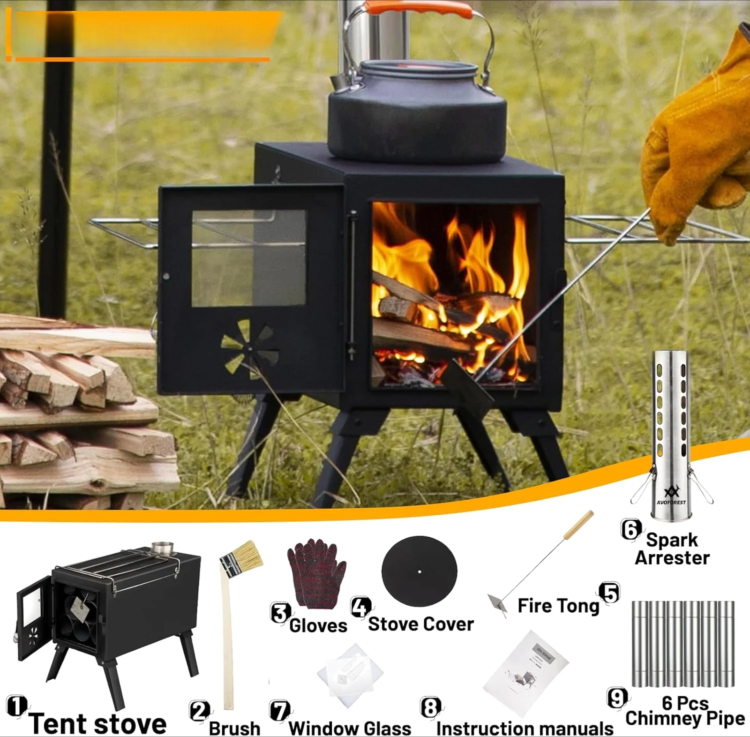 Hot Tent Stove,Portable Wood Stove with 6 Stainless Chimney Pipes for Outdoor Heating & Cooking, Ice Fishing, Hunting