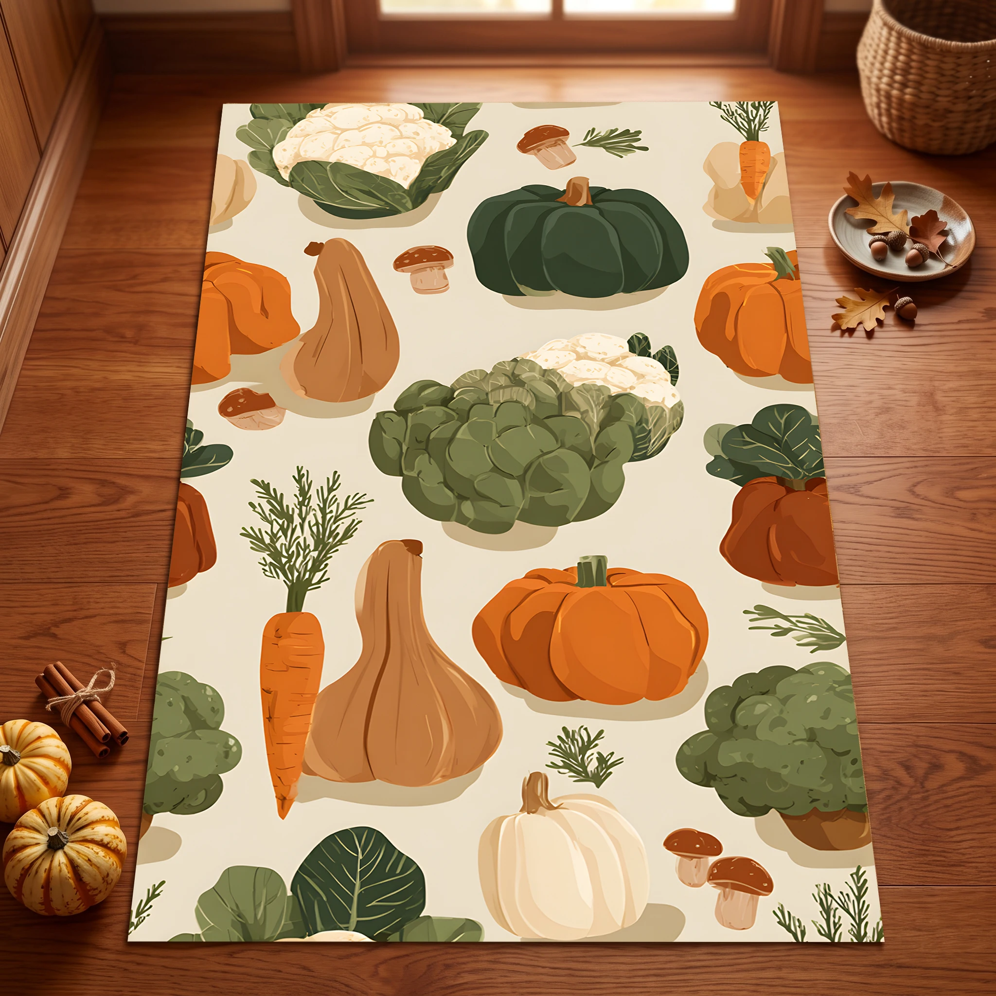This Autumn-Themed Pumpkin and Vegetable Print Rug Features a Rustic, Soothing Design and Is Suitable for the Living Room, Bedroom, and Entryway, Creating a Strong Autumn Harvest Atmosphere