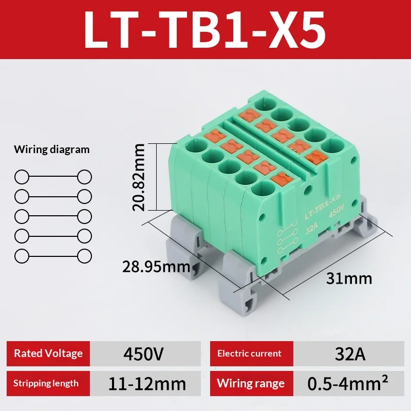 Push-in-Klemmenblock, Mehrfach-Ein- und Ausgangsklemme, Schnellverbindung von Drähten, DIN-Schienen-Kabelverbinder, Universelle Anschlussdose TB1-X6D
