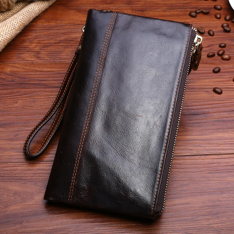 Genuine Leather Men Money Wrist Bag Purse Clutch Handy Card Holder Coin Pocket Cowhide Male Vintage Double Zipper Long Wallet