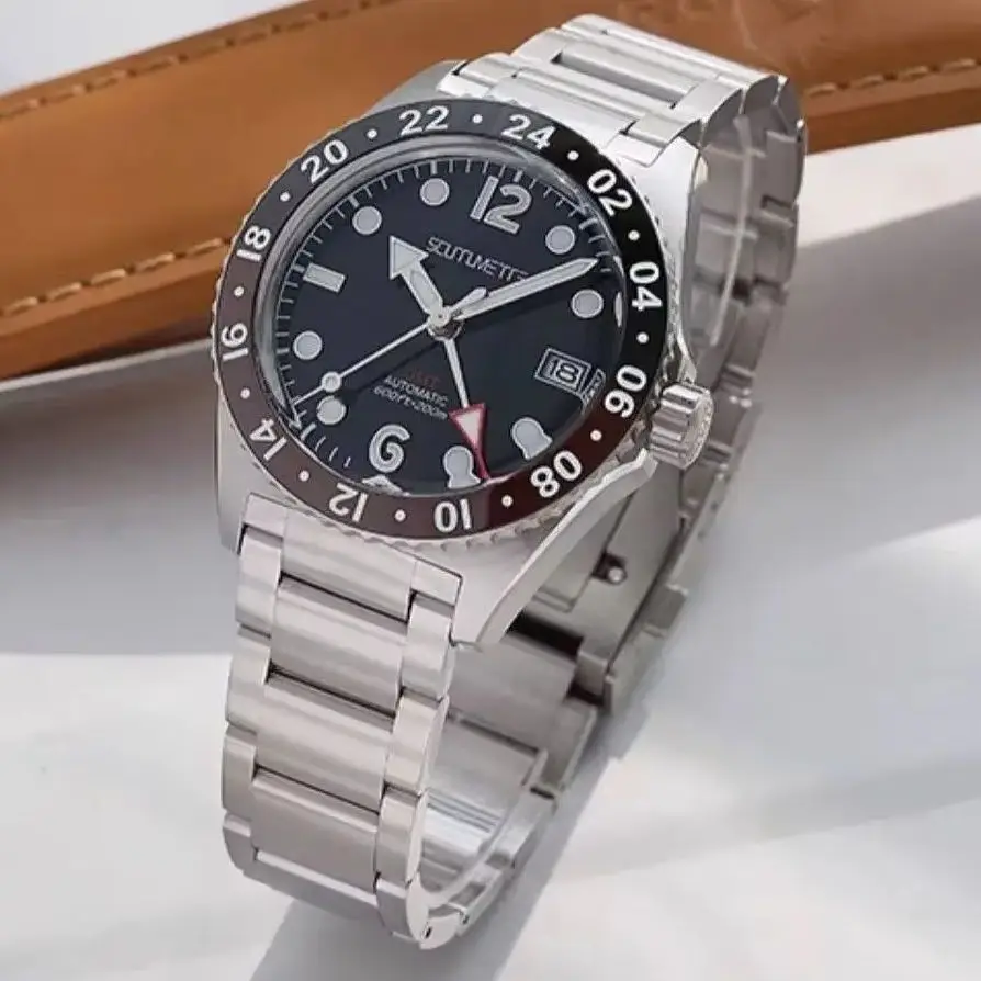 Milifortic Men Automatic Watch GMT Mechanical Wristwatch Luminous Diver 20Bar Waterproof Sapphire Mirror NH34 Ceramic Bezel