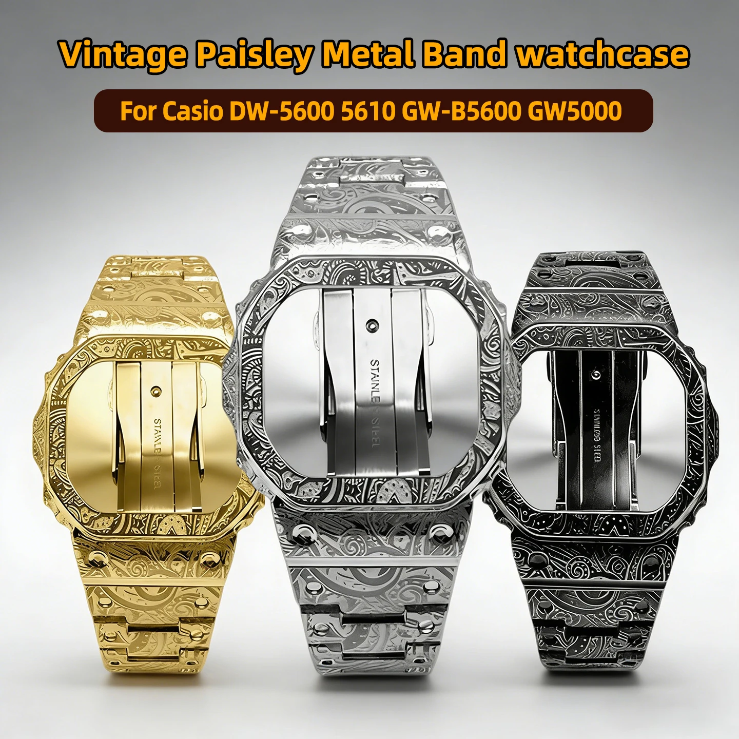 

Ремешок и безель из нержавеющей стали для Casio DW-5600 5610 GW-B5600 GW5000, сменный винтажный металлический браслет с узором пейсли, модифицированный комплект для часов.