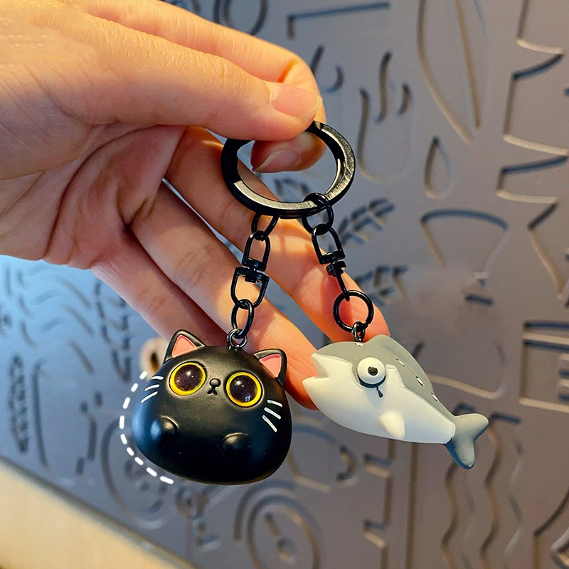 Cartoon Original Couple Buckle Keyring Cute Black Cat Salted Fish Key Chain Resin Burger Cola Fried Chicken Beer Doll Keychain