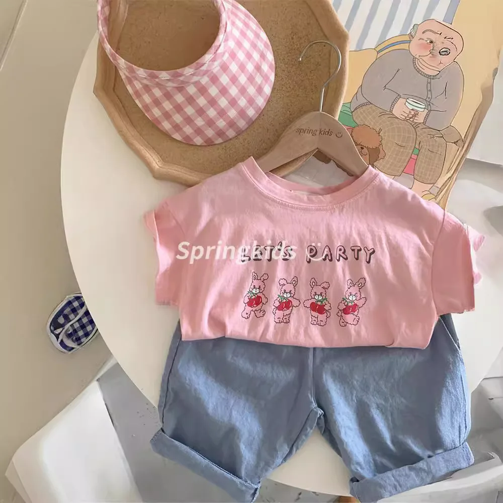 Koreanische Sommer Kinder kurzarm T-shirt Neue Reine Baumwolle Rundhals Süße Hemd Brief Kaninchen Infant Baby Mädchen Tops kleinkind T