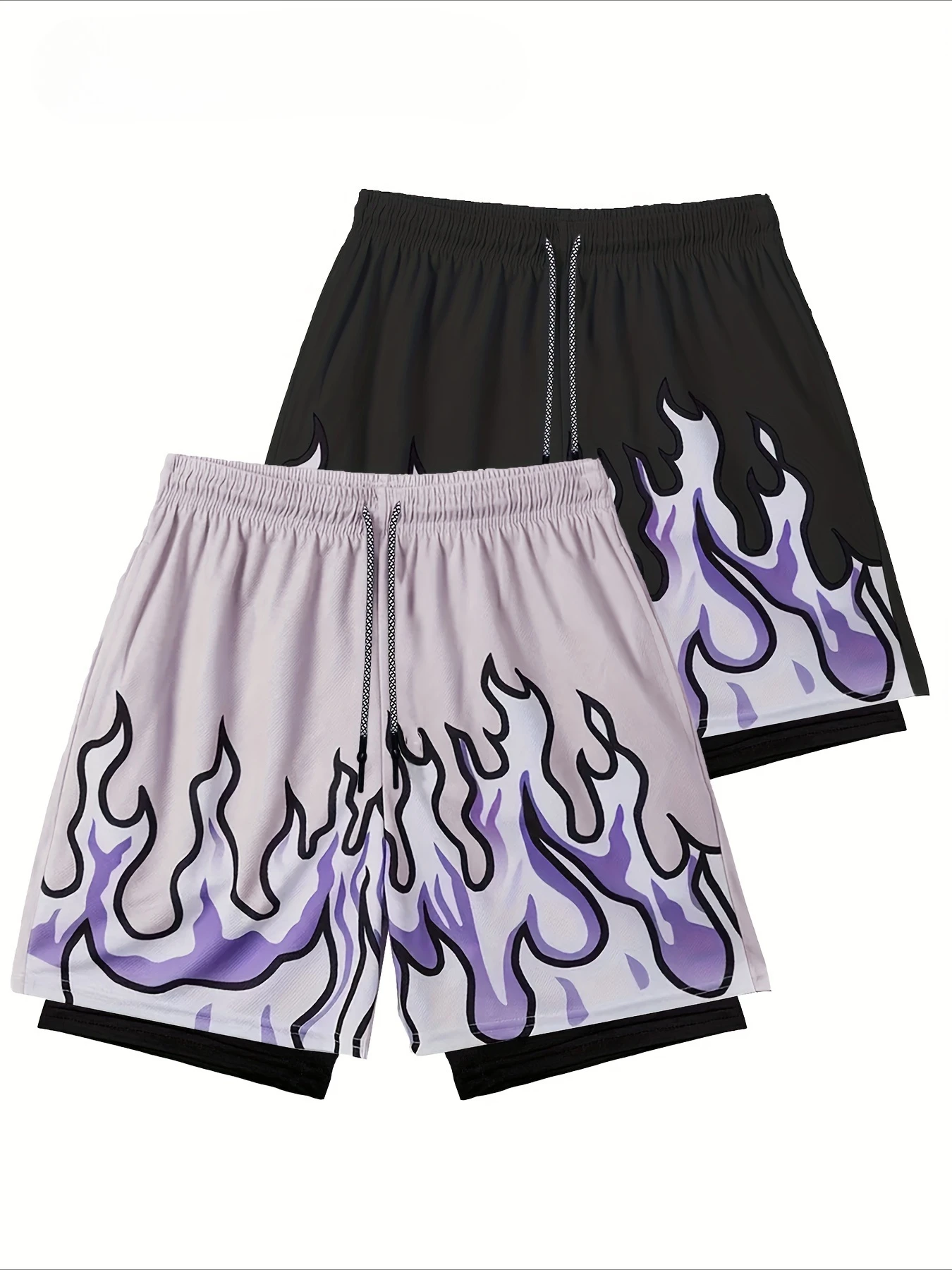 Men's Fashion Sports Outdoor Cartoon Flame Print Drawstring 2-in-1 Shorts Hiking Quick-drying Tennis Running Short Pants Moto