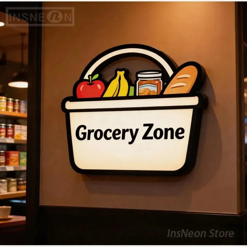Custom Neon Light Illuminated Logo for Grocery Zone, Led Box Sign Wall Personalized Letters Acrylic Business Advertising Panel