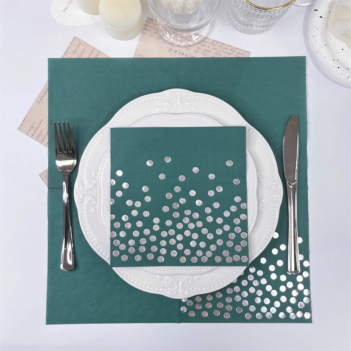 Dark Green Polka Dot Bronzing Napkin, Disposable, Decorative, Christmas, Wedding, Cocktail, 33x33cm, 100Pcs