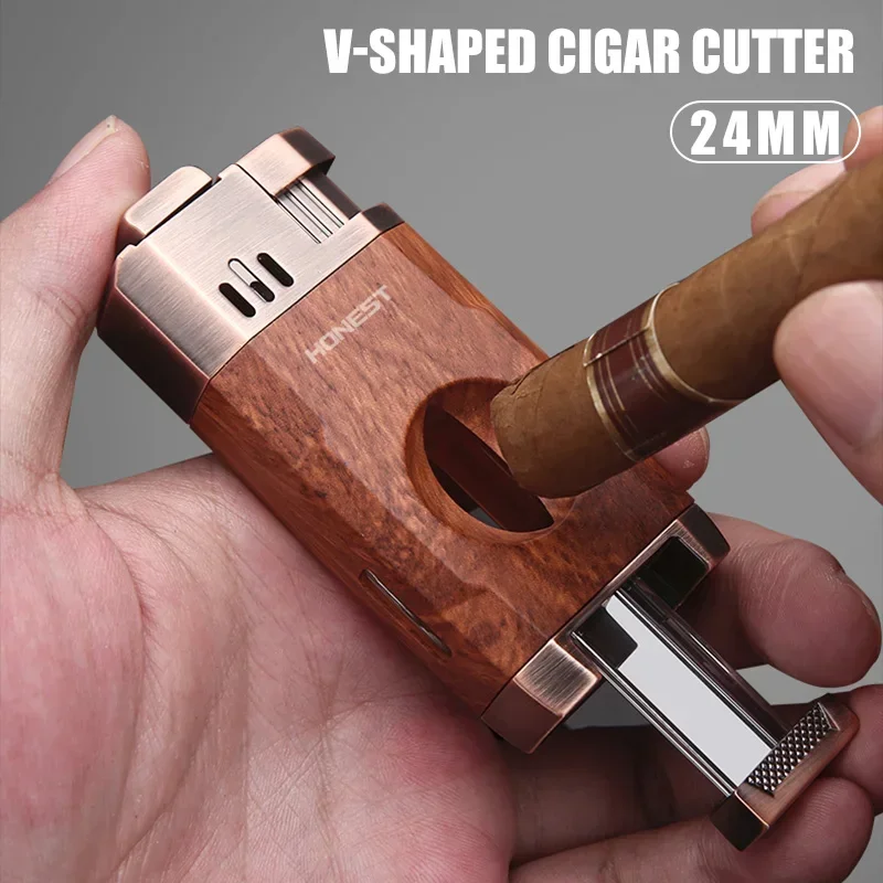 HONEST Double Blue Flame Cigar Lighters V-Shaped Sharp Cigar Cutter Design Visual Gas Window Cigar Tools