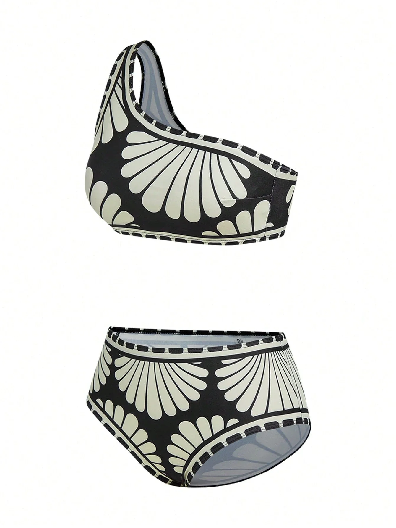 

Асимметричный комплект бикини с юбкой-накидкой, черно-белый принт с изображением ракушек