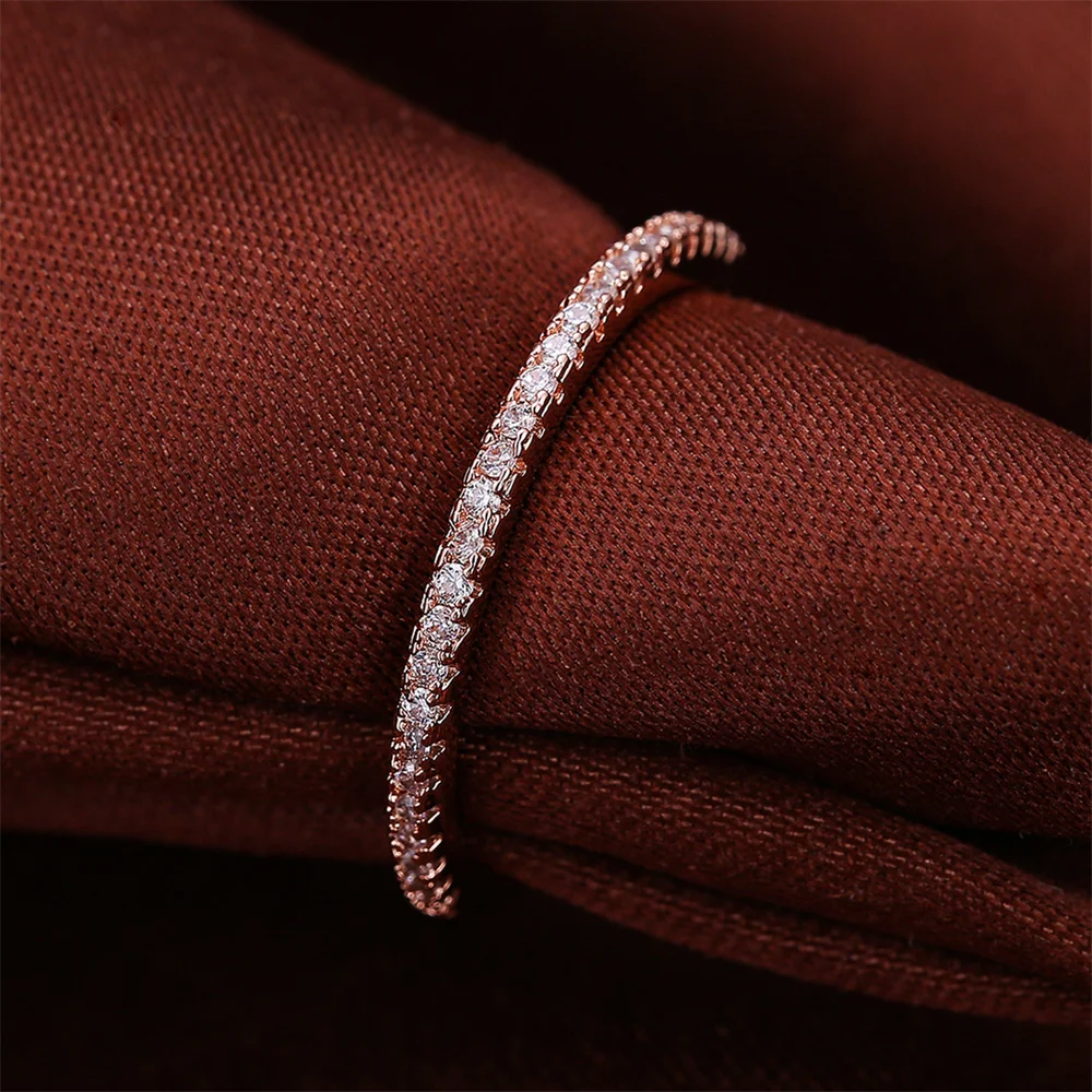 Single Row Small Round Stone Wedding Band Rings For Women Rose Gold Color Simple Fashion Stackable Thin Ring Engagement Jewelry