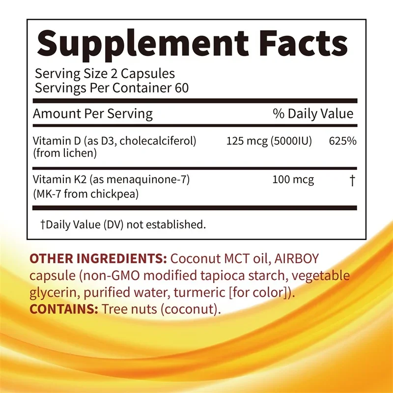 Vitamin D3 K2 with Coconut Oil - Metabolism, Supports Heart, Brain and Immune Health, Improves Joint Flexibility, Bone Density