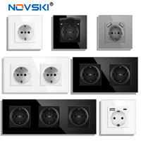 Novski EU European Standard Wall Socket Russia Germany Spain, Black White Grey Crystal Glass Panel, 250V 16A, Glass Wall Socket