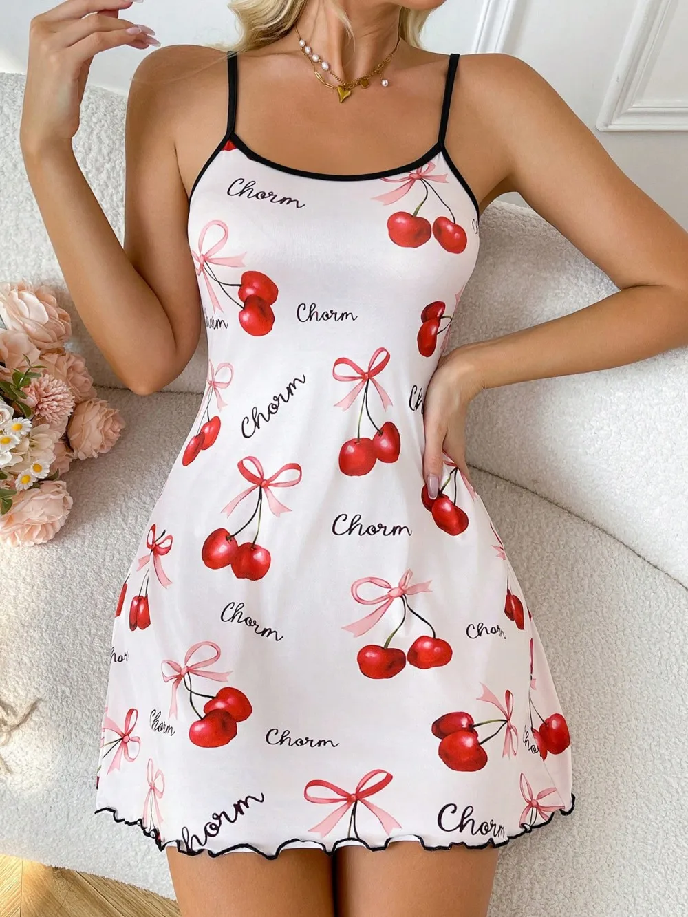 

Valentine's Day Cherry Printed Slip Sexy Sleepwear Straps Sleep Mini Dress Women Nightdress Nighties Nightgown Loungewear