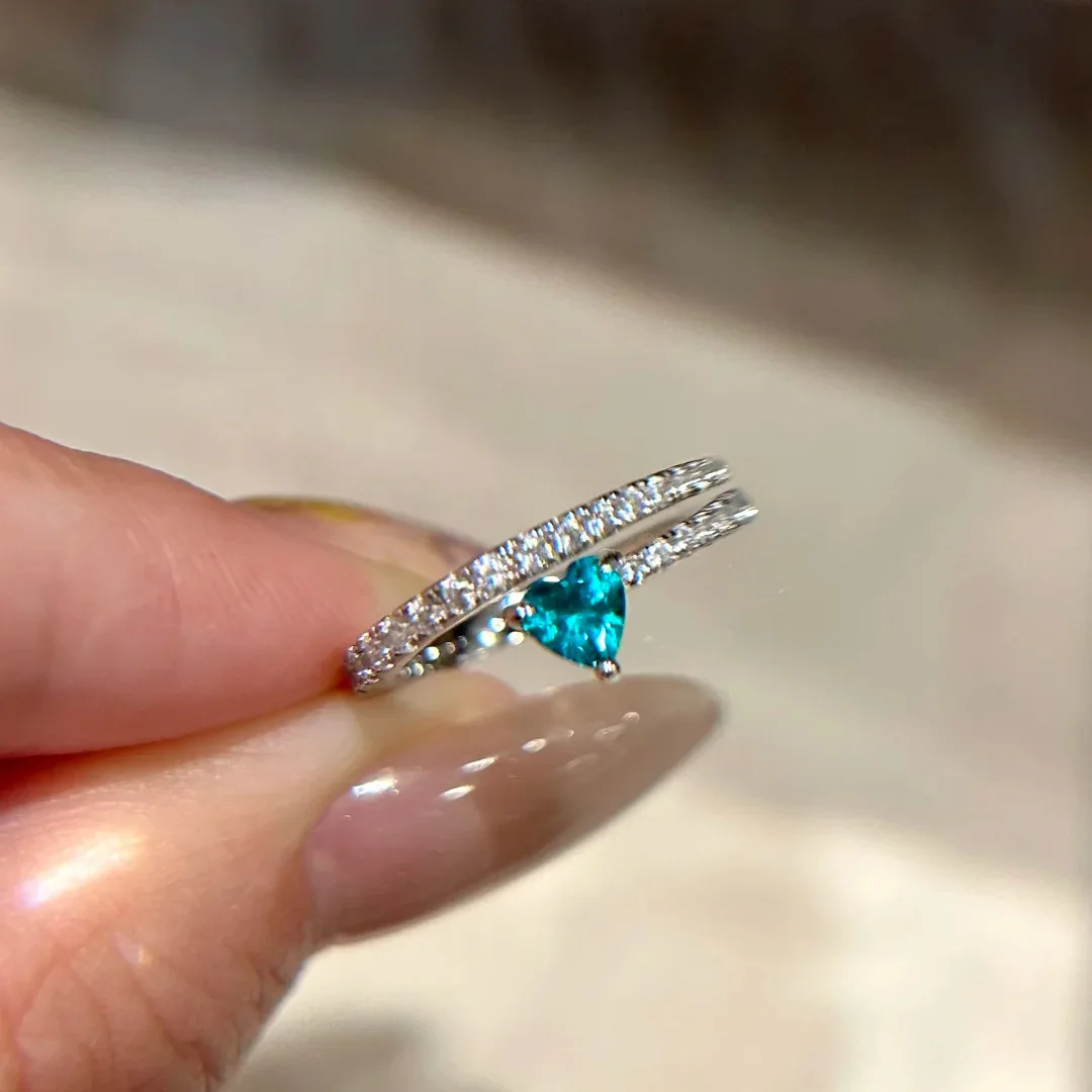 Sweet style diamond inlay Paraiba heart-shaped rings for women exquisite and fashion ring adjustable daily jewelry gifts