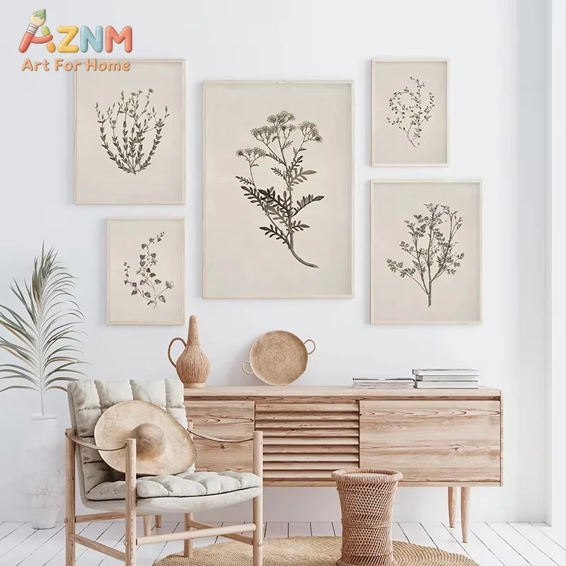 1PC Vintage Botanical Flower Poster Print Beige Tones Floral Blossom Canvas Painting Wall Art Picture Living Room Home Decor