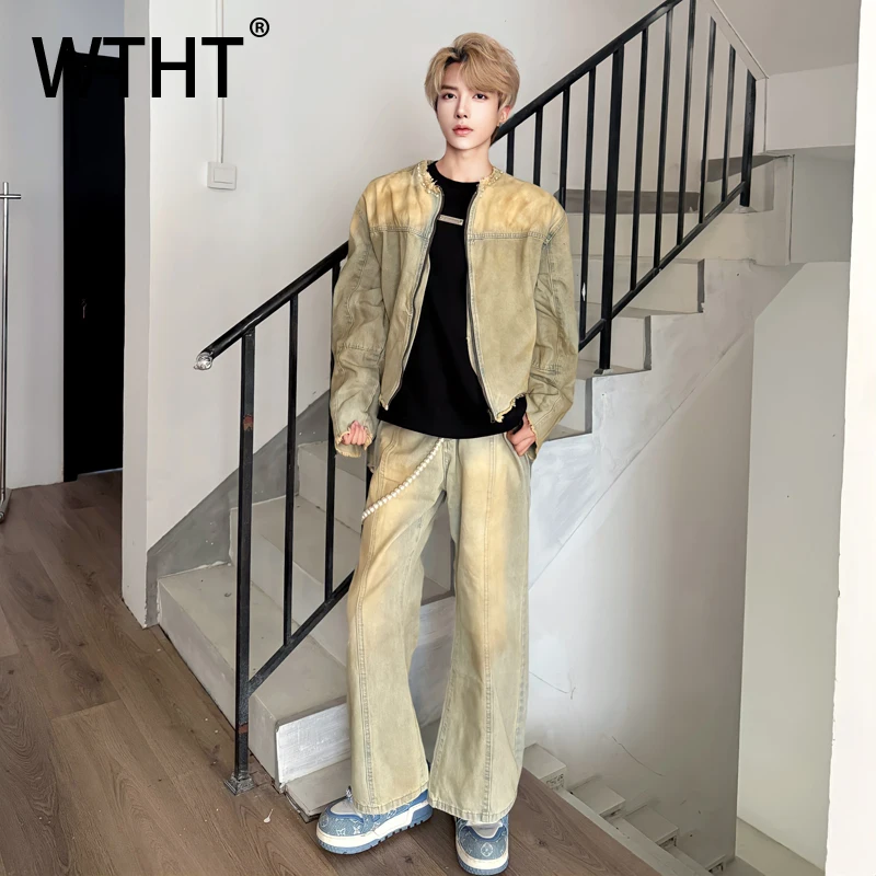 

WTHT Fashion New Men's Suit Gradient Do Old Patchwor Denim Coats High-waisted Wide Leg Jeans Set Male 2025 Autumn 2A2126