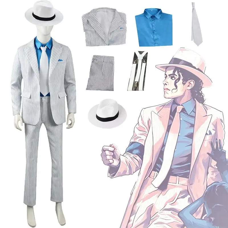 Custom Made Michael Jackson Smooth Criminal Suit Michael Jackson Cosplay Costume top pants shirt tie hat strap