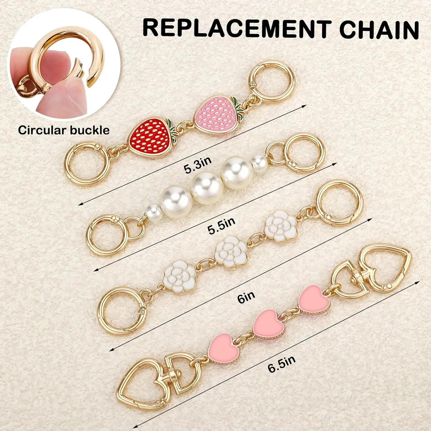 Women Bag Strap Extender Strawberry, Flower, Heart Shape Purse Exquisite Extender Chain Handbag Replacement Chain Charm Supplies