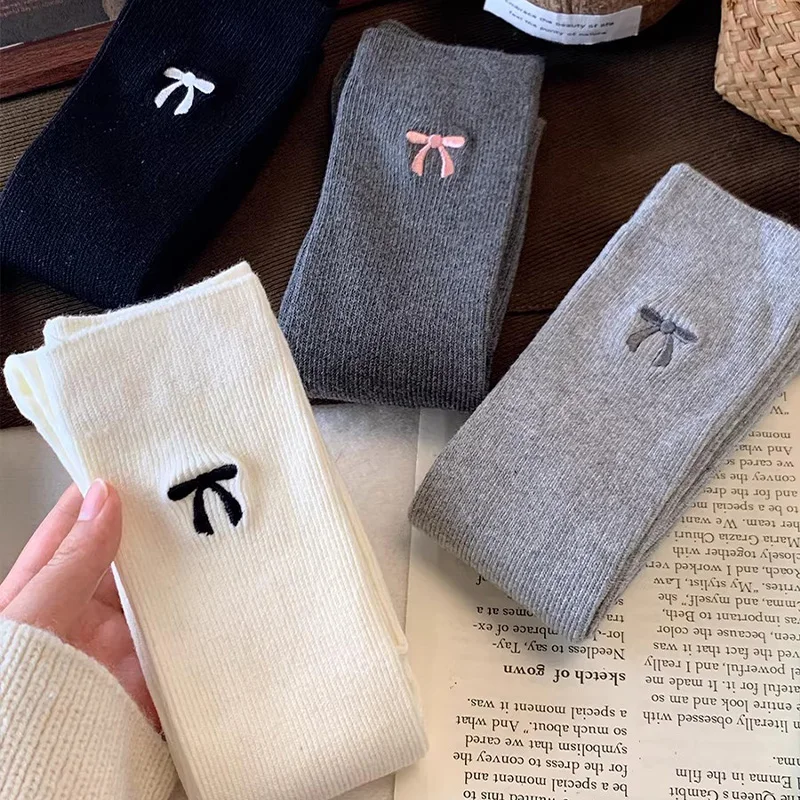 

4pairs Korean Ins Embroidered Bow Cute Socks for Women Spring Summer Mesh Breathable Pile Socks Fashion Ballet Style Long Sock