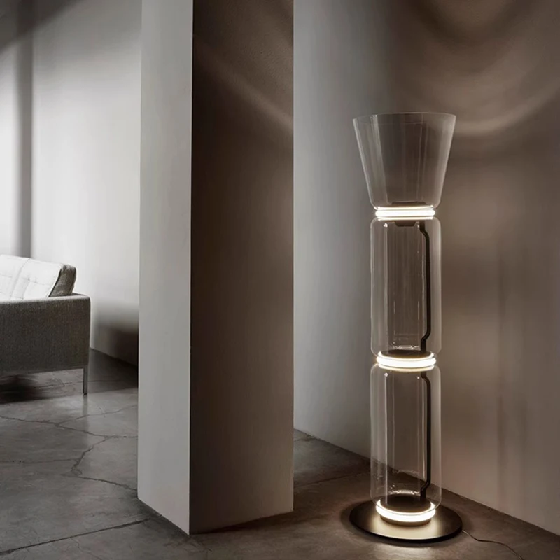 

Minimalist led clear glass design shade vertical floor lamp, lustre living room, bedroom, den premium decorative lighting.