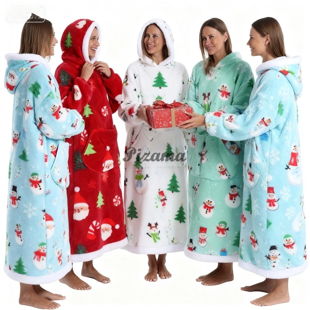 

Super Long Women's Oversized Robes Winter Flannel One Piece Hooded TV Blankets Christmas Snowman Lady Nighty Dress Warm Hoodies