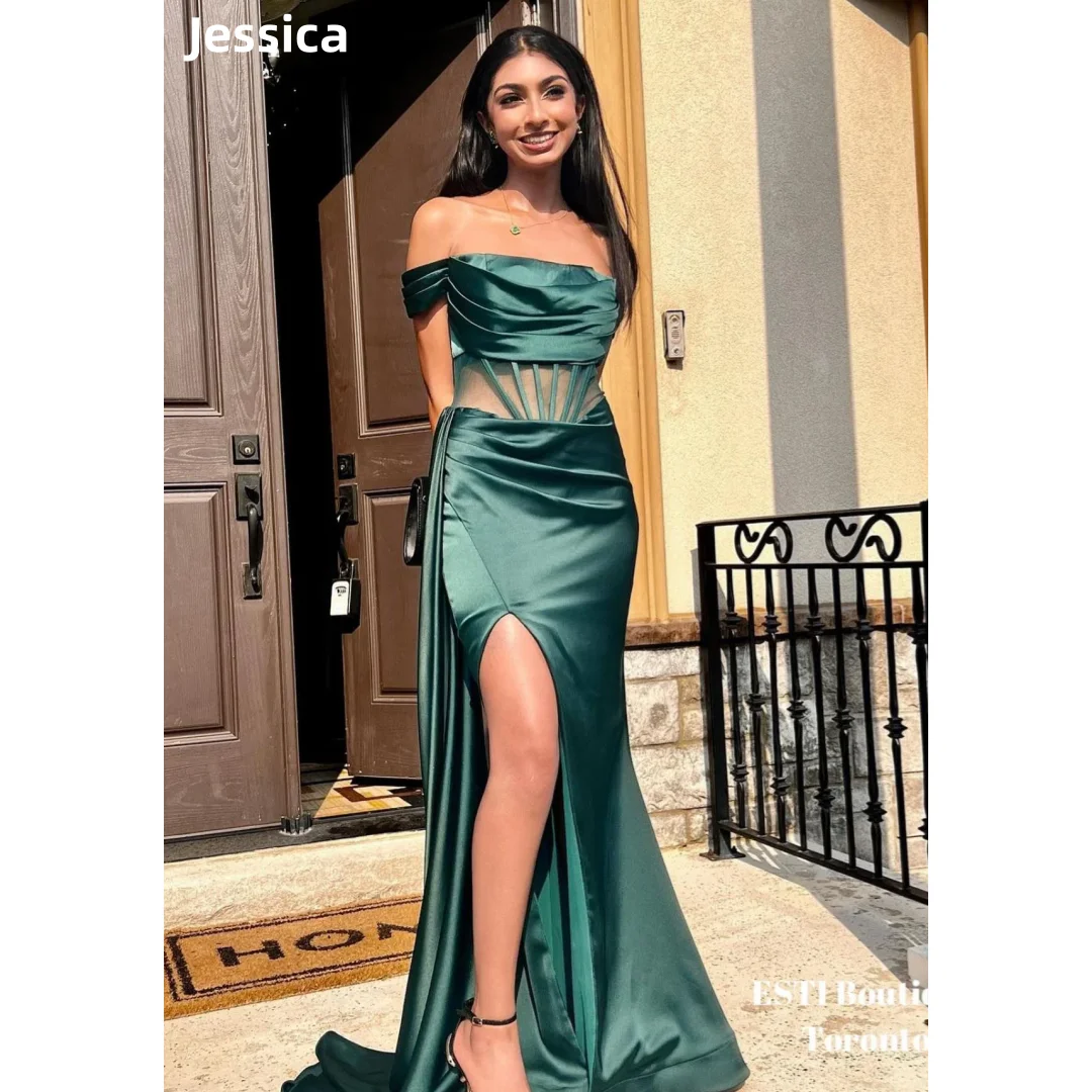 

Jessica Silk Satin Wedding Dress Off-shoulder Side Slit Green Elegant Lady Prom Dresses Sexy Mermaid Fairy Vestidos De Fiesta