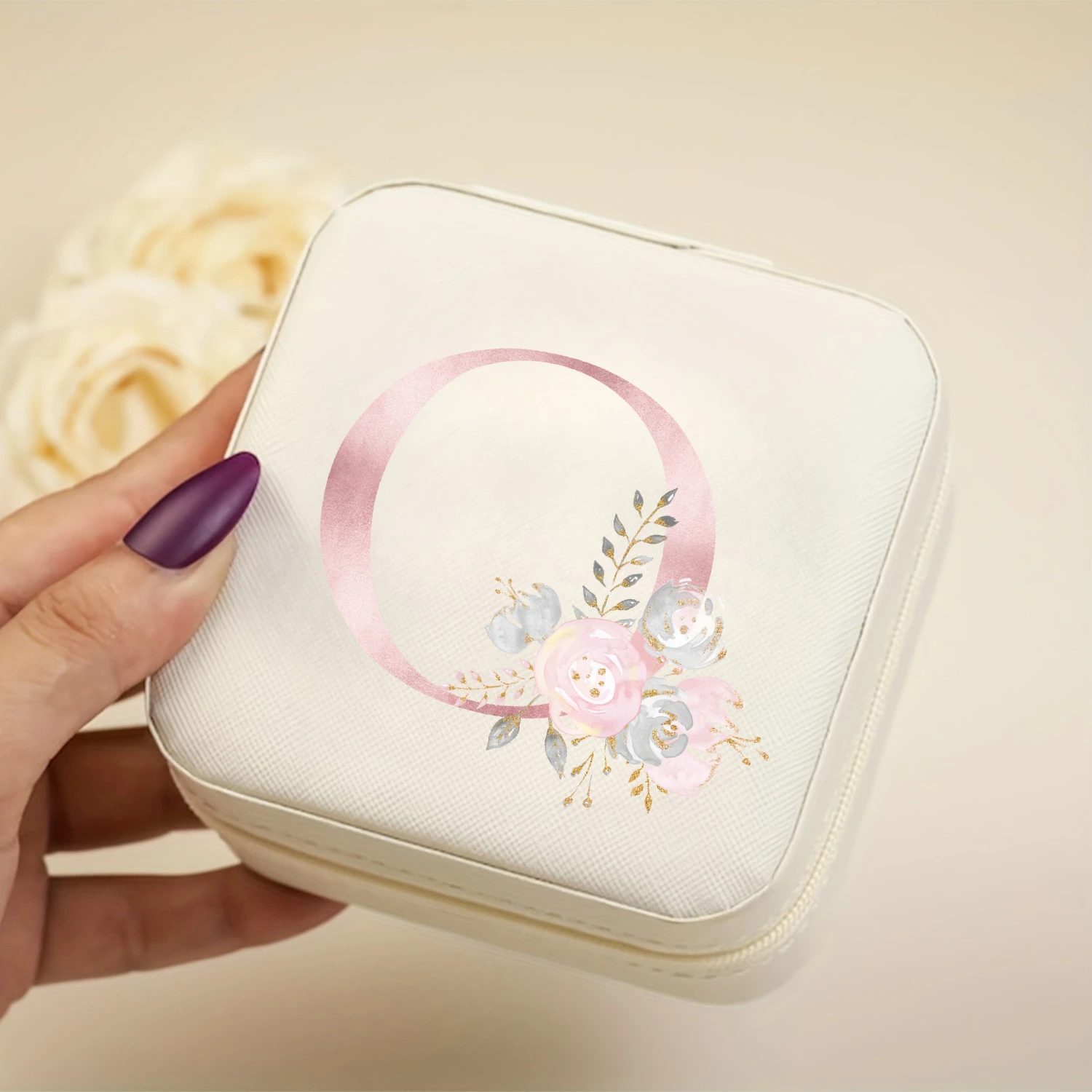 A-Z Alphabet Print Beige Travel White Storage Box, Jewelry Box with Zipper Closure and Fabric Lining - view 3