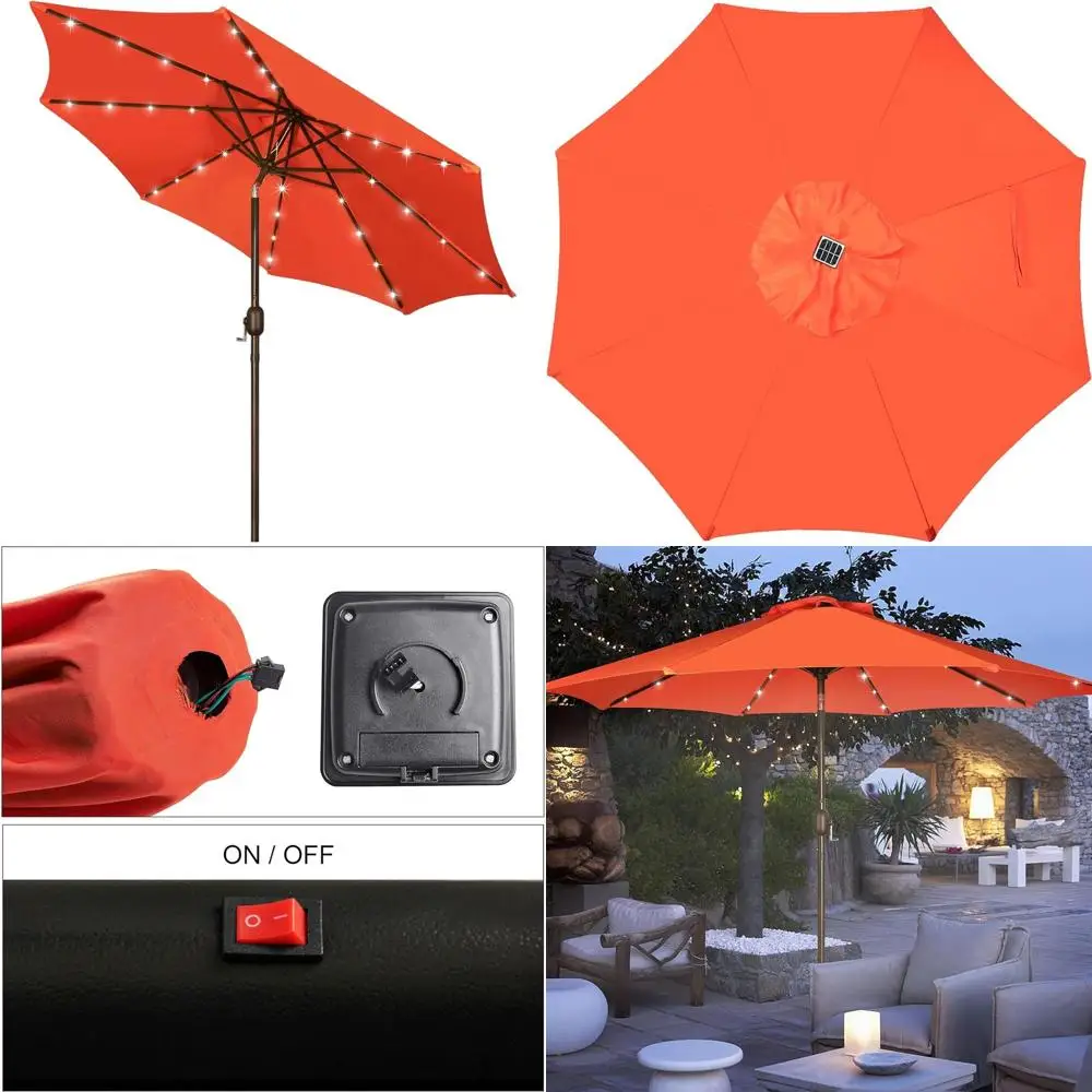 

9 ft Solar LED Lighted Patio Umbrella with 32 Lights, Ideal for Garden, Deck, Backyard, Pool, and Beach (Orange)