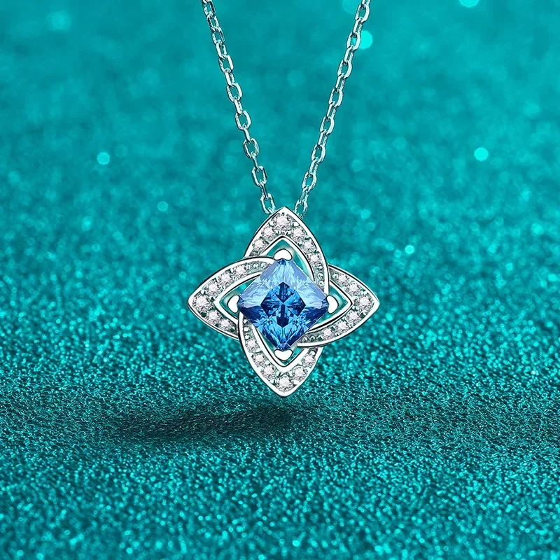 Platinum PT950 Clavicle Chain Royal Blue 1ct Moissanite Four Leaf Square Pendant for Women Luxury Gothic Inspired Jewelry Gifts