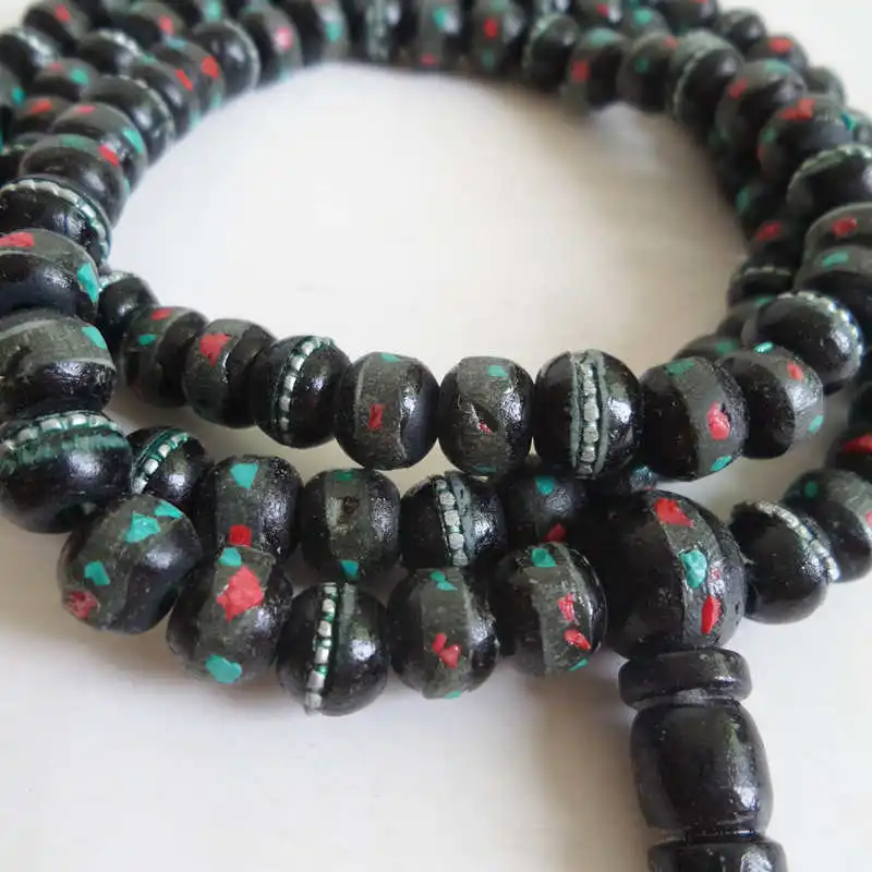 BRO842 Tibetan 108 Black Yak Bone Prayer Beads Mala 8mm Tibet Bone Inlay colorful stone Rosary