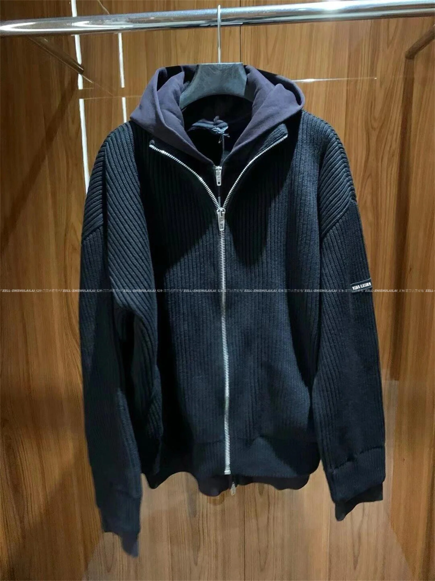 VANA ILUSION Zipper Knitwear Hoodie Jaet Mixed G Trendy Fake Two-Piece Pure Cotton Long Sve Breathable Ciwalk